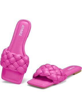 Women's Hot Pink Soft Leather Braided Square Open Toe Fashion Flat Sandal Shoes